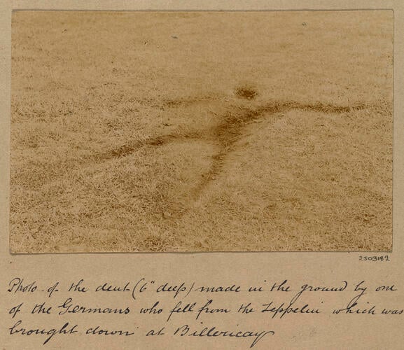 Impression left in the ground made by one of the German airmen of the L32 Zeppelin that was shot down near Billericay, Essex