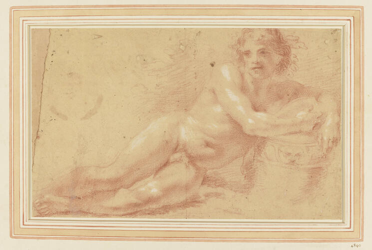 A Nude figure of a boy lying down, leaning on a vase A Nude figure of a boy lying down, leaning on a vase