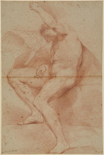 A male nude figure, seated, supporting a rock on his shoulder