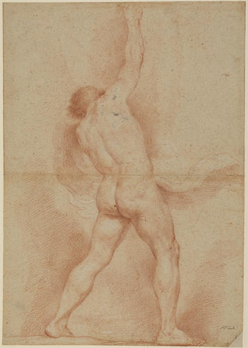 A male nude figure, standing, right arm raised A male nude figure, standing, right arm raised