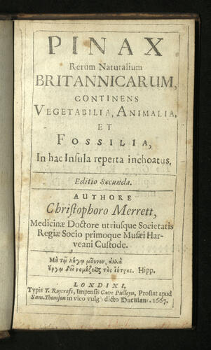 Pinax rerum naturalium Britannicarum, continens vegetabilia, animalia et fossilia in hac insula reperta inchoatus / Christopher Merrett