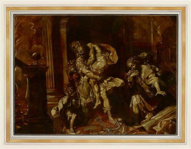 Aeneas and his family fleeing Troy