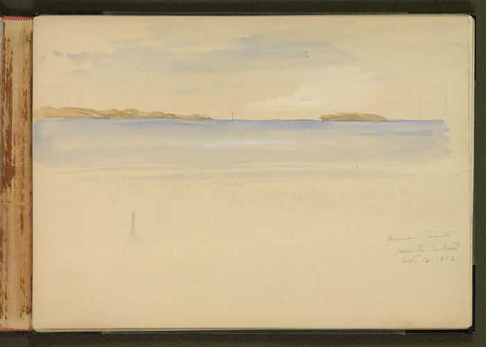 Master: SKETCHES FROM NATURE V. R. MDCCCXLV TO MDCCCLII
Item: View from the Hotel at Bangor & Menai Straits from the railroad