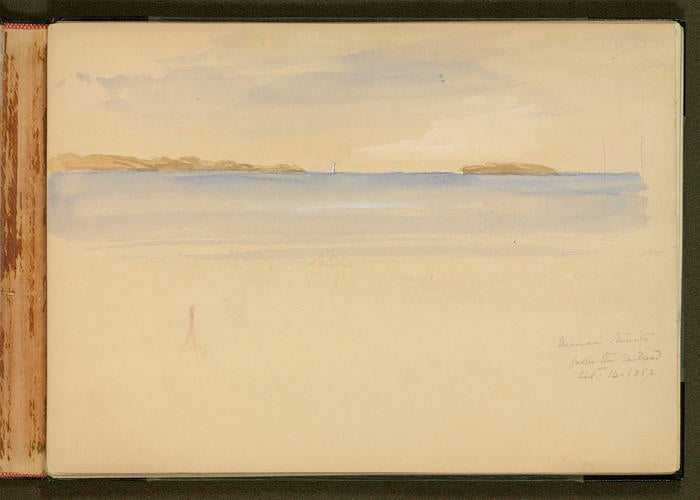 Master: SKETCHES FROM NATURE V. R. MDCCCXLV TO MDCCCLII
Item: View from the Hotel at Bangor & Menai Straits from the railroad