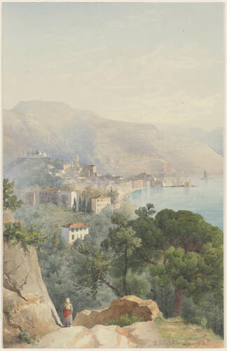 Menton: West Bay and Umbrella Pine from behind the Villa Madonna, at morning light