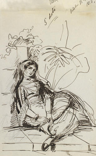Oriental girl seated full-length on a step