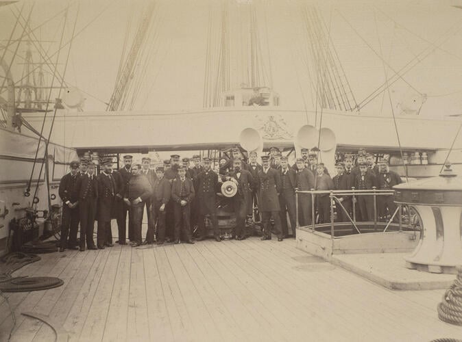 The Cruise of HMS Bacchante 1879-82: Group photograph on board HMS Inconstant, 1881 The Cruise of HMS Bacchante 1879-82: Group photograph on board HMS Inconstant, 1881