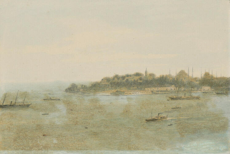 View of the Bosporus with ships in the foreground