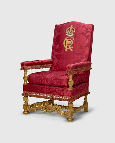 Master: Pair of Chairs of Estate, used by Queen Elizabeth II and Prince Philip, and by King Charles III and Queen Camilla
Item: Chair of Estate, used by Queen Elizabeth II and King Charles III