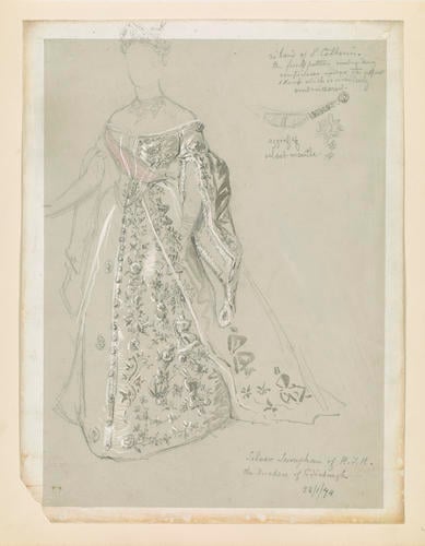A study of the dress worn by the Duchess of Edinburgh for the marriage of the Grand Duchess Maria to Alfred, Duke of Edinburgh
