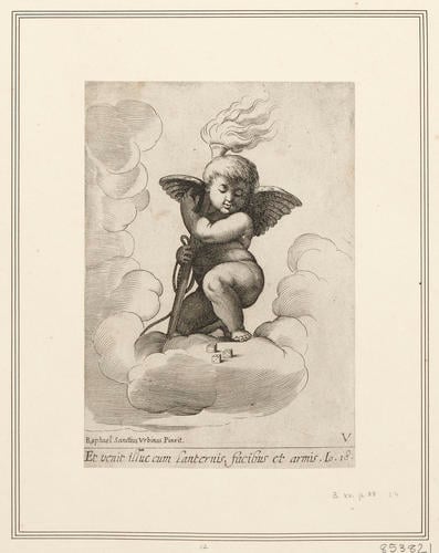 A putto holding a torch and a whip