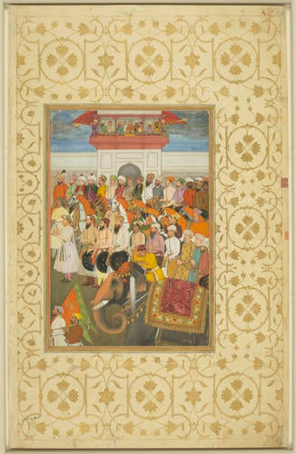 Master: Padshahnamah پادشاهنامه (The Book of Emperors) ‎‎
Item: Jahangir receives Prince Khurram on his return from the Deccan (10 October 1617)