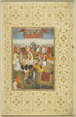 Master: Padshahnamah پادشاهنامه (The Book of Emperors) ‎‎
Item: Jahangir receives Prince Khurram on his return from the Deccan (10 October 1617)