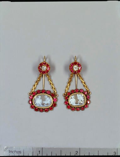 Earrings from a ruby parure with cameos
