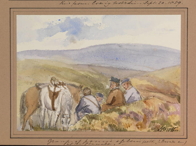 Master: Queen Victoria's Sketchbook 1855-1860
Item: Group of ponies & gillies (with J. Brown &c) at the Glassalt