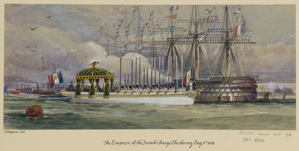 The Queen and Prince Consort on board the French royal barge, Cherbourg, 5 August 1858