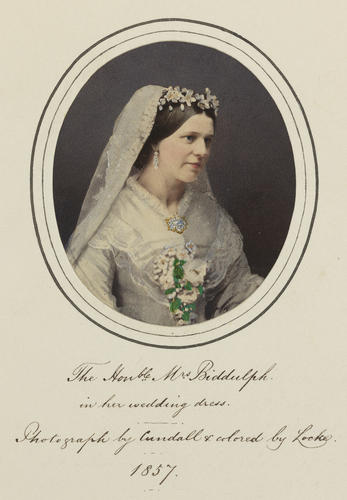 T'he Honourable Mrs Biddulph in her wedding dress'; Lady Mary Biddulph (1824-1902) in her wedding dress