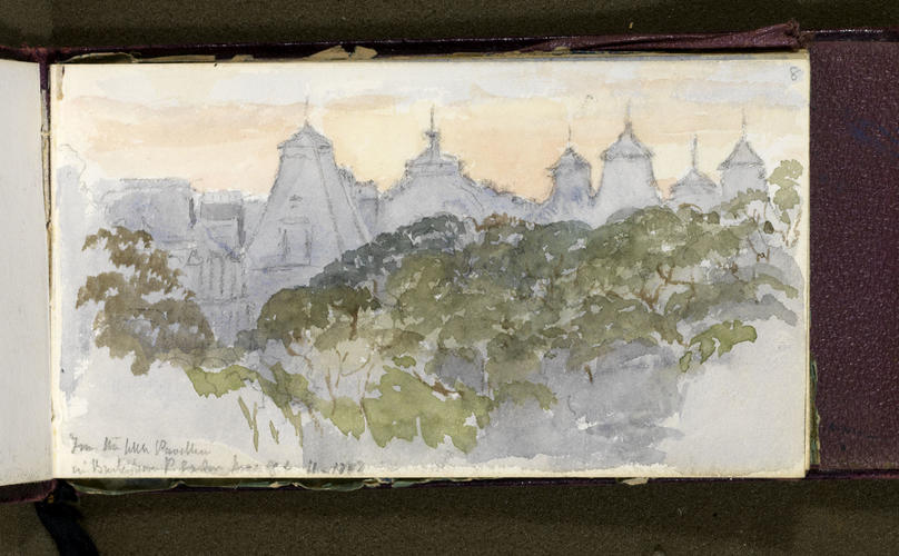 Master: Queen Victoria's Sketch Book 1881 to 1884
Item: F[ro]m the Little Pavilion in Buckingham P[alace] Garden