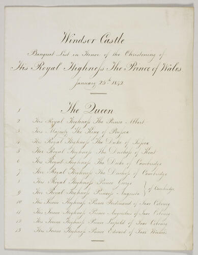 Banquet list in honor of the christening of His Royal Highness the Prince of Wales, January 25th, 1842 Banquet list in honor of the christening of His Royal Highness the Prince of Wales, January 25th, 1842