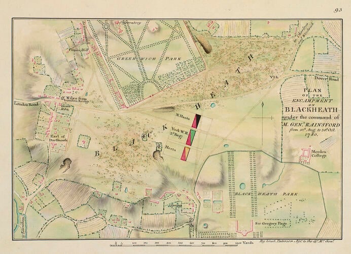 Master: Maps of encampments in England and Great Britain, 1778-82
Item: Map of encampment at Blackheath, 1780 (Blackheath, Greater London, UK) 51°27'52