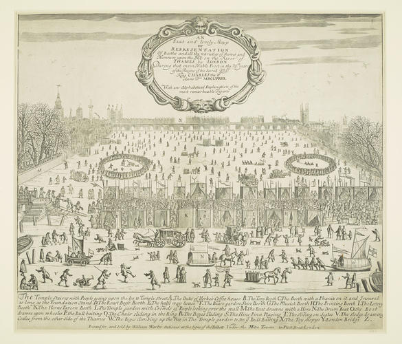 An Exact and Lively Mapp or Representation of Booths and all the varieties of shows and humours upon the Ice of the River of Thames by London, 1684