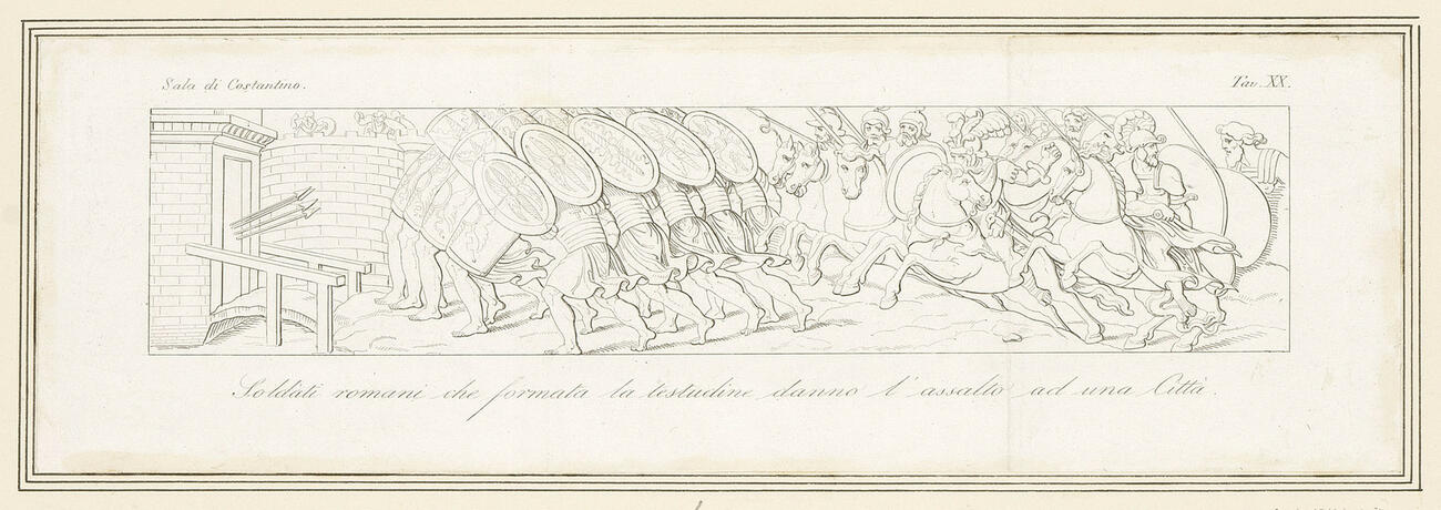 Master: A set of prints reproducing parts of decoration of the Sala di Costantino
Item: Soldiers assaulting a fortress