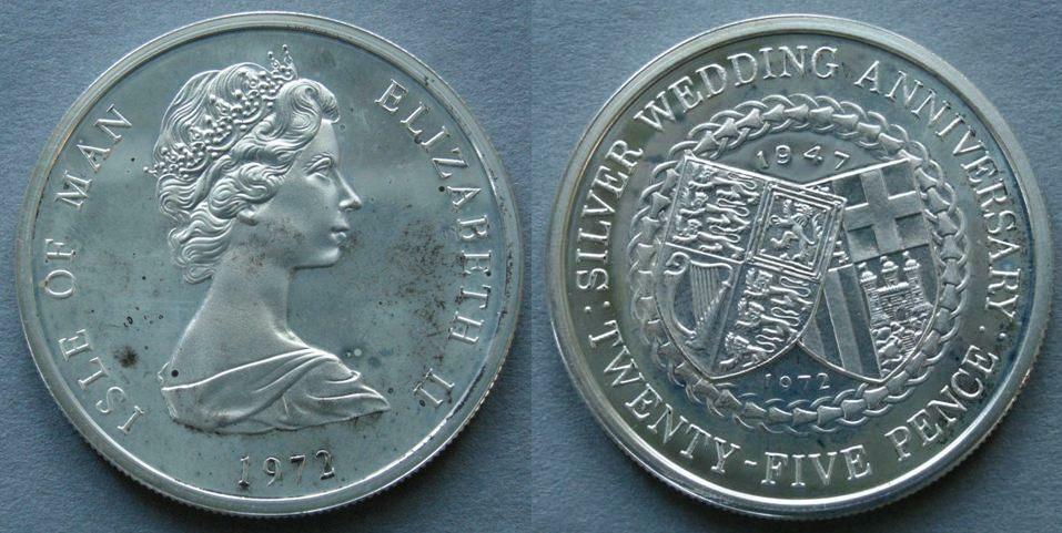 Isle of Man. Proof 25 pence commemorating the 25th anniversary of the Wedding of the Queen and Prince Philip