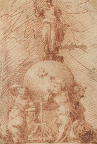 A globe, on which stands God the Father, supported by four evangelists A globe, on which stands God the Father, supported by four evangelists