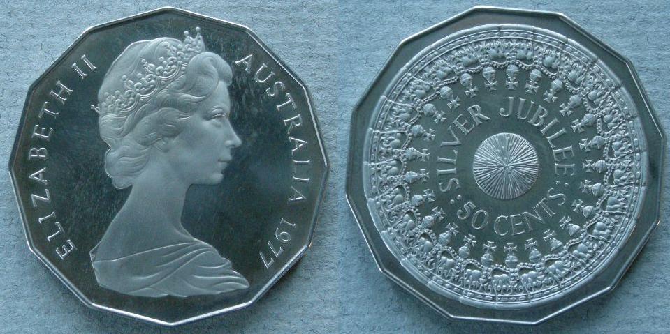 Australia. Proof 50 cents commemorating the Silver Jubilee of H. M. Queen Elizabeth II Australia. Proof 50 cents commemorating the Silver Jubilee of H. M. Queen Elizabeth II