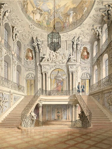 Schloss Brühl, looking up to the first landing of the Grand Staircase Schloss Brühl, looking up to the first landing of the Grand Staircase