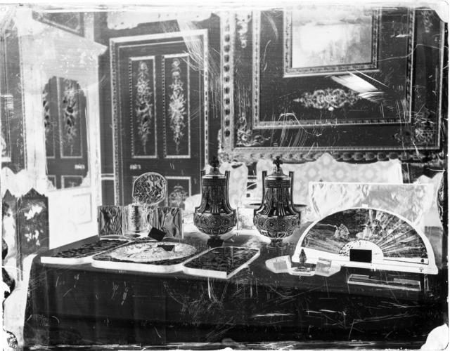 A glass plate negative of a display of objects in the White Drawing Room, Windsor Castle A glass plate negative of a display of objects in the White Drawing Room, Windsor Castle