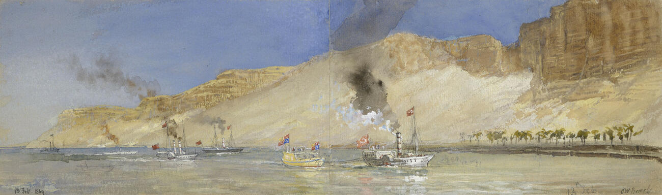 East bank of the Nile near Girga, with the royal flotilla sailing to right