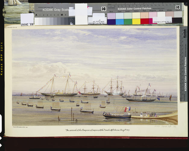 The Queen receiving the Emperor and Empress of the French at Osborne Quay, 6 August 1857