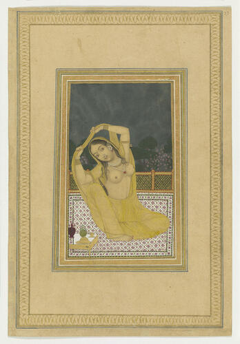 Master: Mughal album of portraits, animals and birds.
Item: Paintings of a gazelle and a Nayika waiting for her lover Master: Mughal album of portraits, animals and birds.
Item: Paintings of a gazelle and a Nayika waiting for her lover