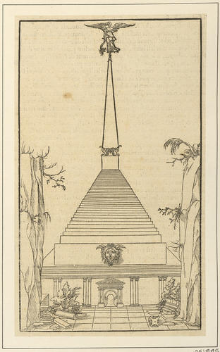 Master: Discours du Songe de Poliphile [Hypnerotomachia Poliphili]
Item: A pyramid-like construction with an obelisk and a statue of a winged nymph on top