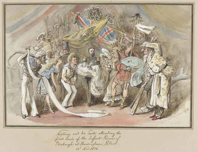 Neptune and his suite attend the first levée of the infant Prince of Edinburgh at Buckingham Palace, 23 November 1874