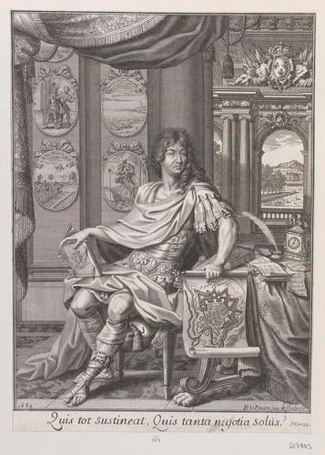 Louis XIV as a Roman emperor, holding a plan of a fortified town