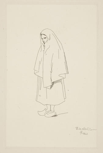 A peasant girl in a shawl, wearing clogs