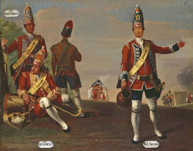 Grenadiers, 16th and 17th Regiments of Foot, and Grenadier and Drummer, 18th Royal Irish Regiment of Foot, 1751 Grenadiers, 16th and 17th Regiments of Foot, and Grenadier and Drummer, 18th Royal Irish Regiment of Foot, 1751