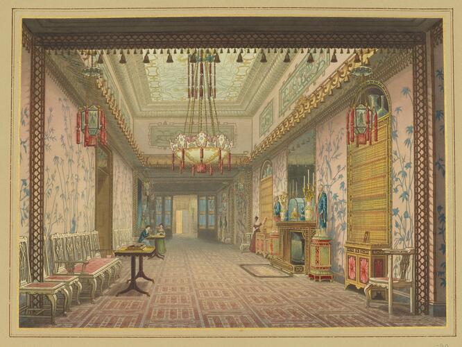 Master: Illustrations of Her Majesty's Palace at Brighton; formerly the Pavilion: executed by the Command of King George the Fourth, under the Superintendence of John Nash, Esq. , architect : to which is prefixed, A History of the Palace, by Edward Wedlake Brayley, Esq. , F. S. A.
Item: Pavilion, Gallery in its present state, looking towards the Music Room
