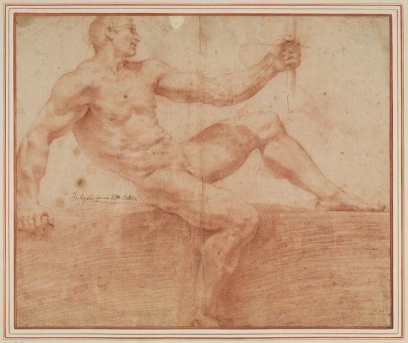 A study of a male nude, seated to right, left leg and arm raised and extended A study of a male nude, seated to right, left leg and arm raised and extended