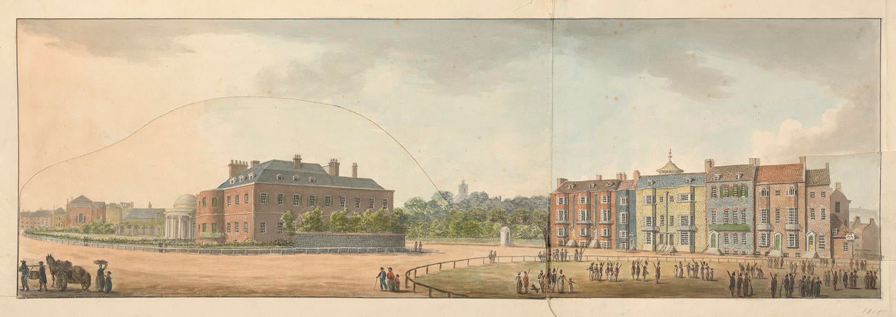 Designs for the Pavilion at Brighton: North Front towards the Parade, with flaps