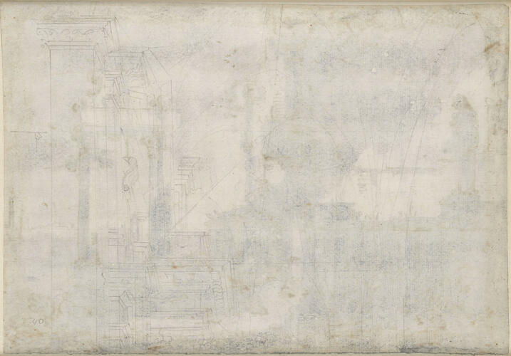 Recto: A capriccio of church ruins on the shores of the lagoon. Verso: Architectural sketches