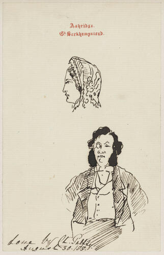 Sketches of a lady wearing a bonnet and a man with a monacle