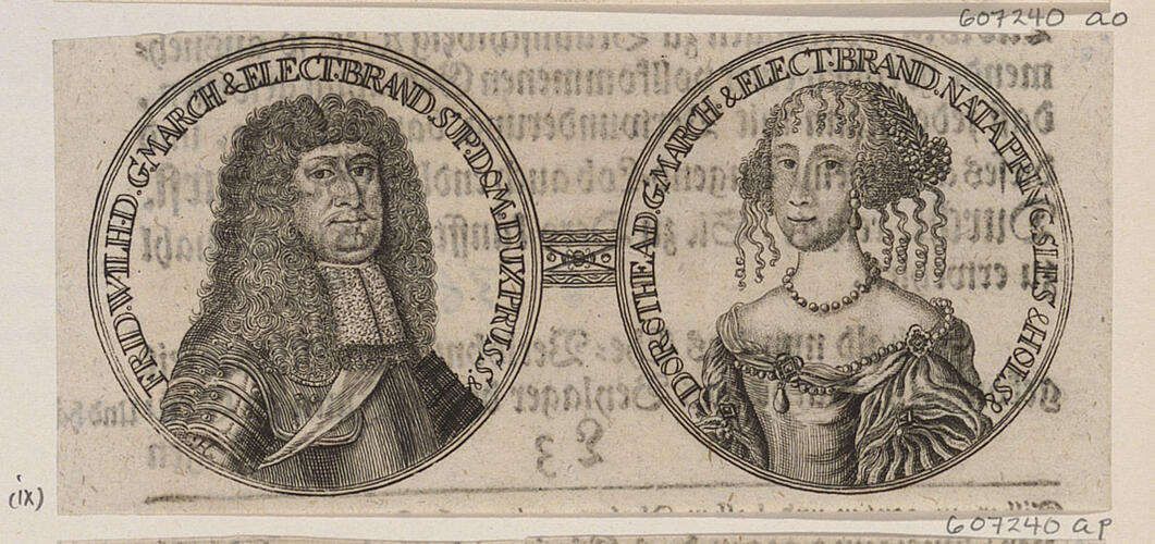 Master: [Engravings of medals of the Margraves of Brandenburg]
Item: [A medal of Frederick William, Elector of Brandenburg and Sophia Dorothea of Schleswig-Holstein-Sonderburg-Glücksburg]