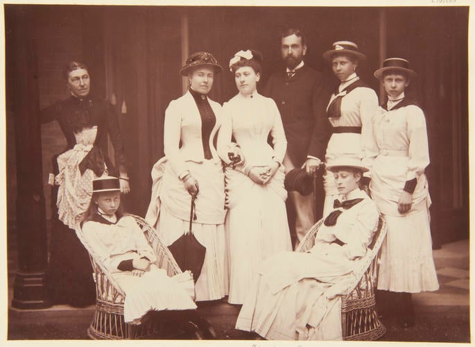 Lady Downe; Crown Pss. of Germany; Pss. Beatrice; Pc. Louis of Battenberg; Pss. Victoria of Prussia; Pss. Sophie of Prussia; Pss. Margaret of Prussia; Pss. Louis of Battenberg, Osborne Cottage 1884. [