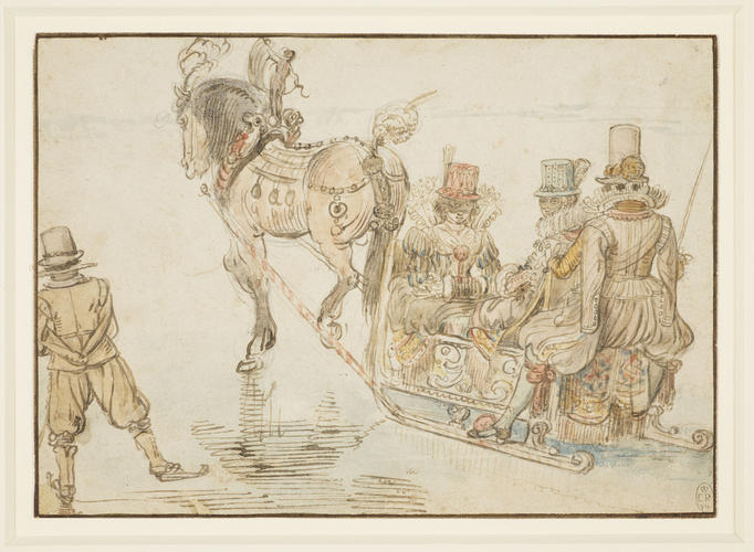 Two ladies and a gentleman on a horse-drawn sleigh