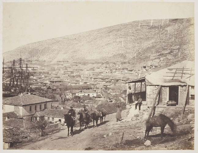 Town of Balaklava with pack horses in foreground