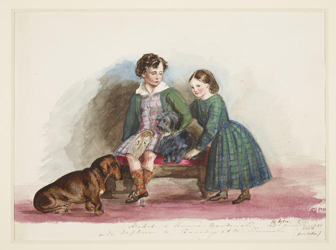 Master: SKETCHES FROM NATURE V. R. 1847 TO 1852
Item: Archie & Annie Macdonald with Daphne & Fancy at the Kennel