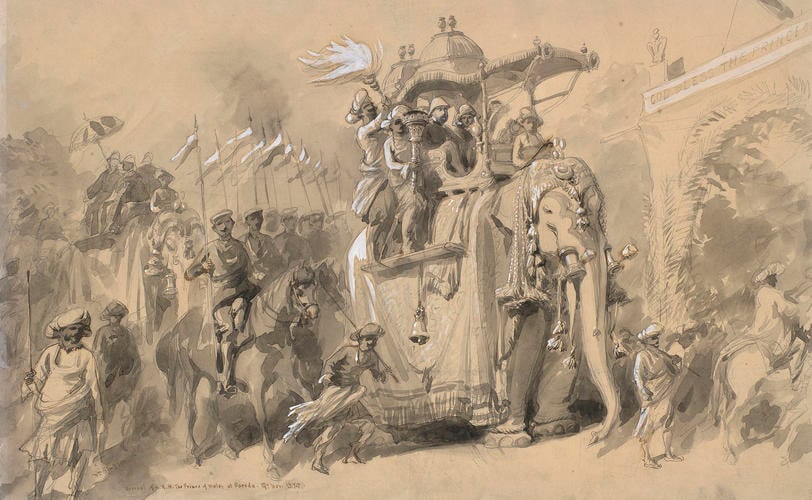 Visit of the Prince of Wales to India, November 1875 - January 1876: Entry of the Prince of Wales into Baroda on an elephant, 19 November